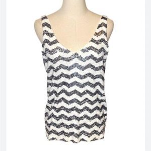 J Crew Sequined Tank Top Chevron Black White Medium 100% cotton